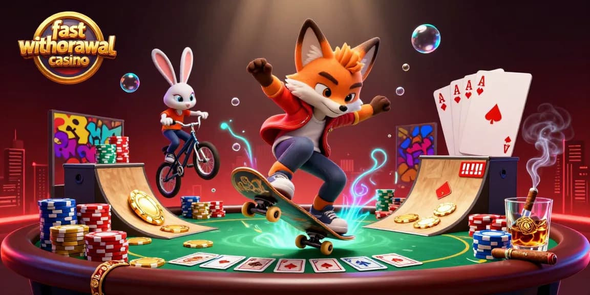 Experience the thrill at a fast withdrawal casino with a skateboarder fox and BMX rabbit over poker chips.