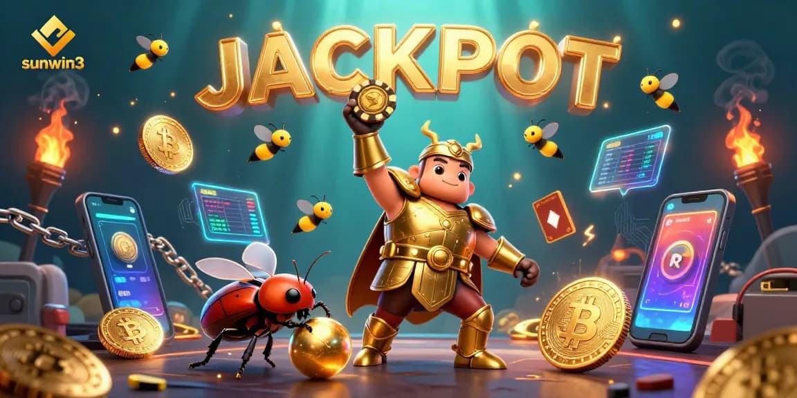 Experience the excitement of sunwin3 with a vibrant illustration of victory, poker chips, and casino elements.