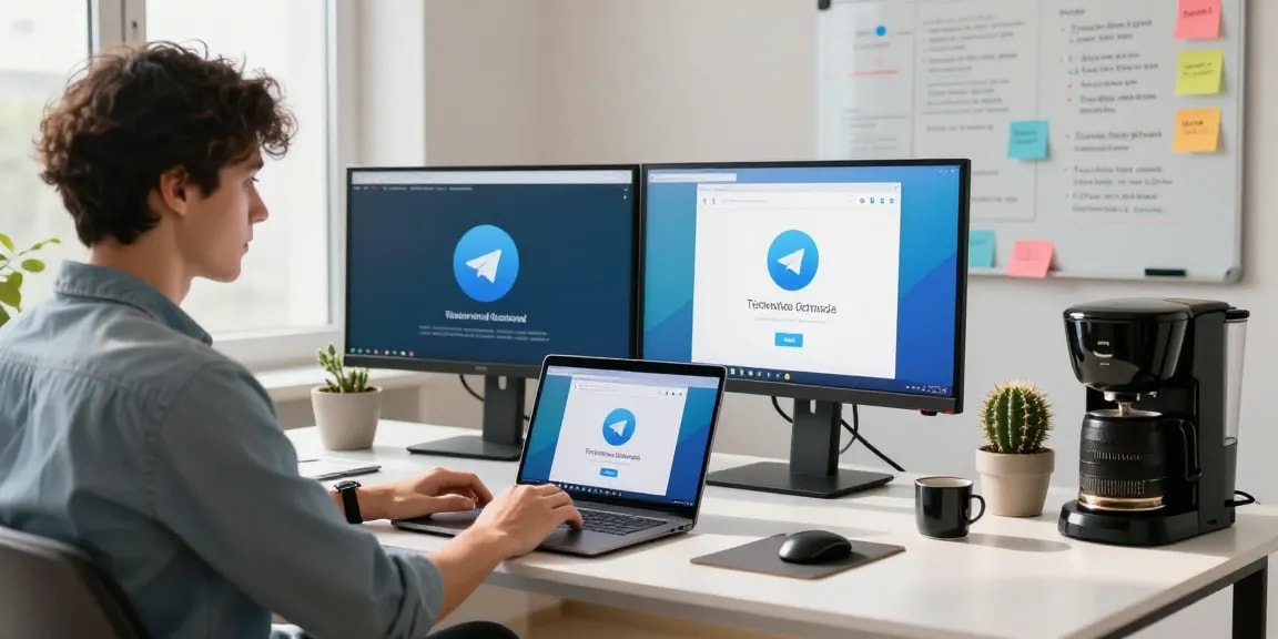 Download Telegram download on a laptop in a modern tech workspace, illustrating innovative communication.