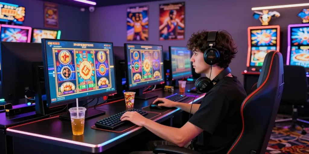 Pengalaman bermain situs slot di kasino digital dengan fokus dan suasana ramai.