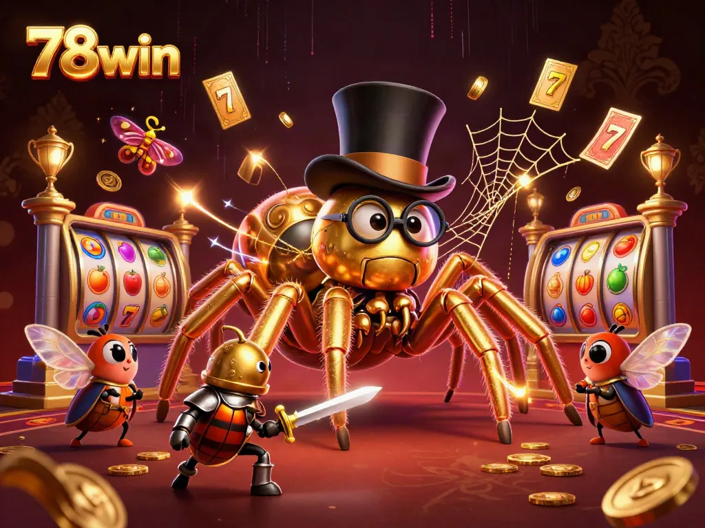 Engage in thrilling gaming moments with 78win, led by a playful golden tarantula amidst vibrant slot machines and rich casino elements.