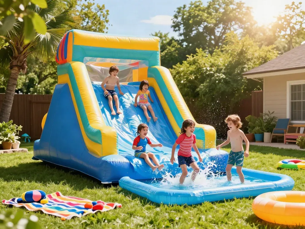 Kids enjoying an inflatable water slide on a sunny day, surrounded by colorful pool toys.