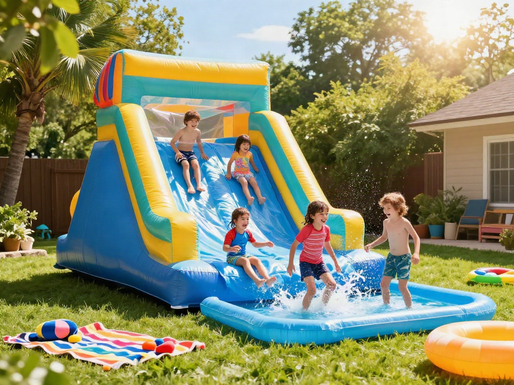 Kids enjoying an inflatable water slide on a sunny day, surrounded by colorful pool toys.