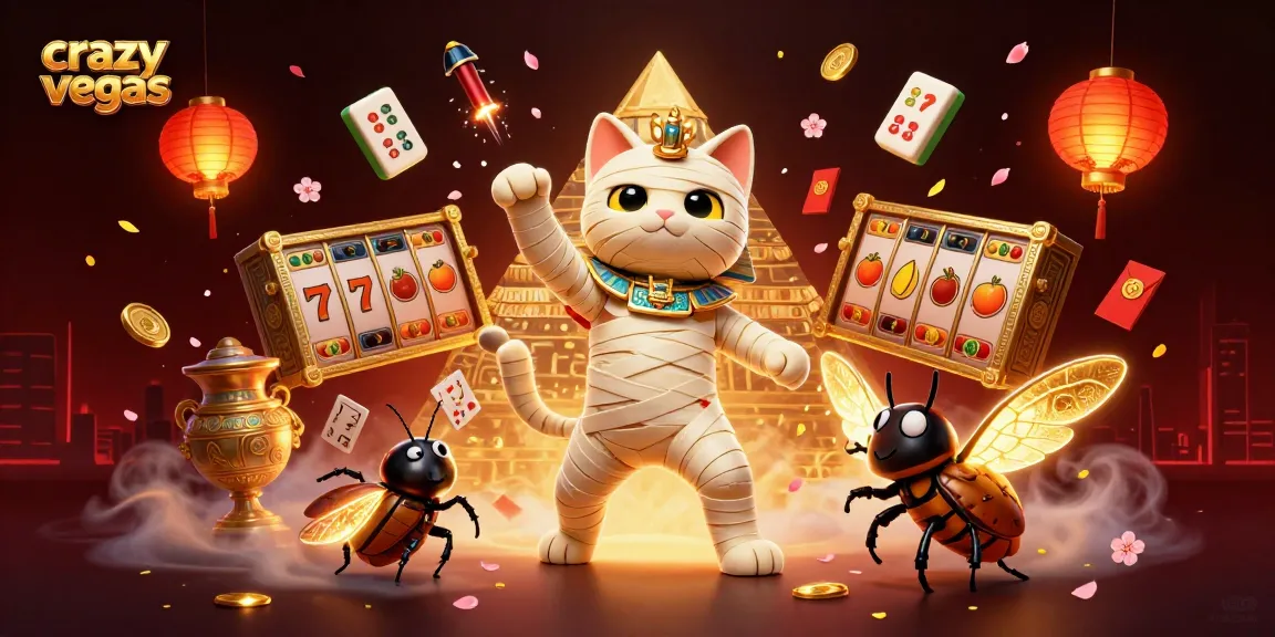 Catch exciting jackpots at crazyvegas with a dynamic scene featuring a mummy cat and glowing scarab in a lively pyramid casino.