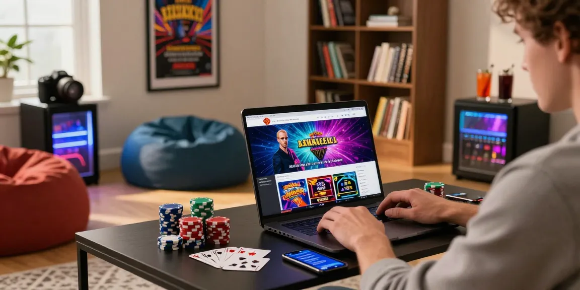 Engaged player exploring gambleonline sites in a cozy living room, showcasing vibrant graphics.