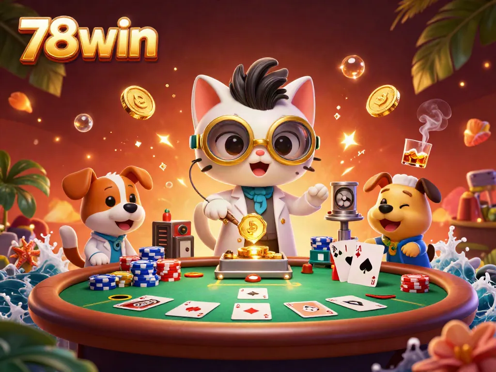 Engage in thrilling matches at 78win casino, featuring a vibrant poker scene with rich, colorful elements.