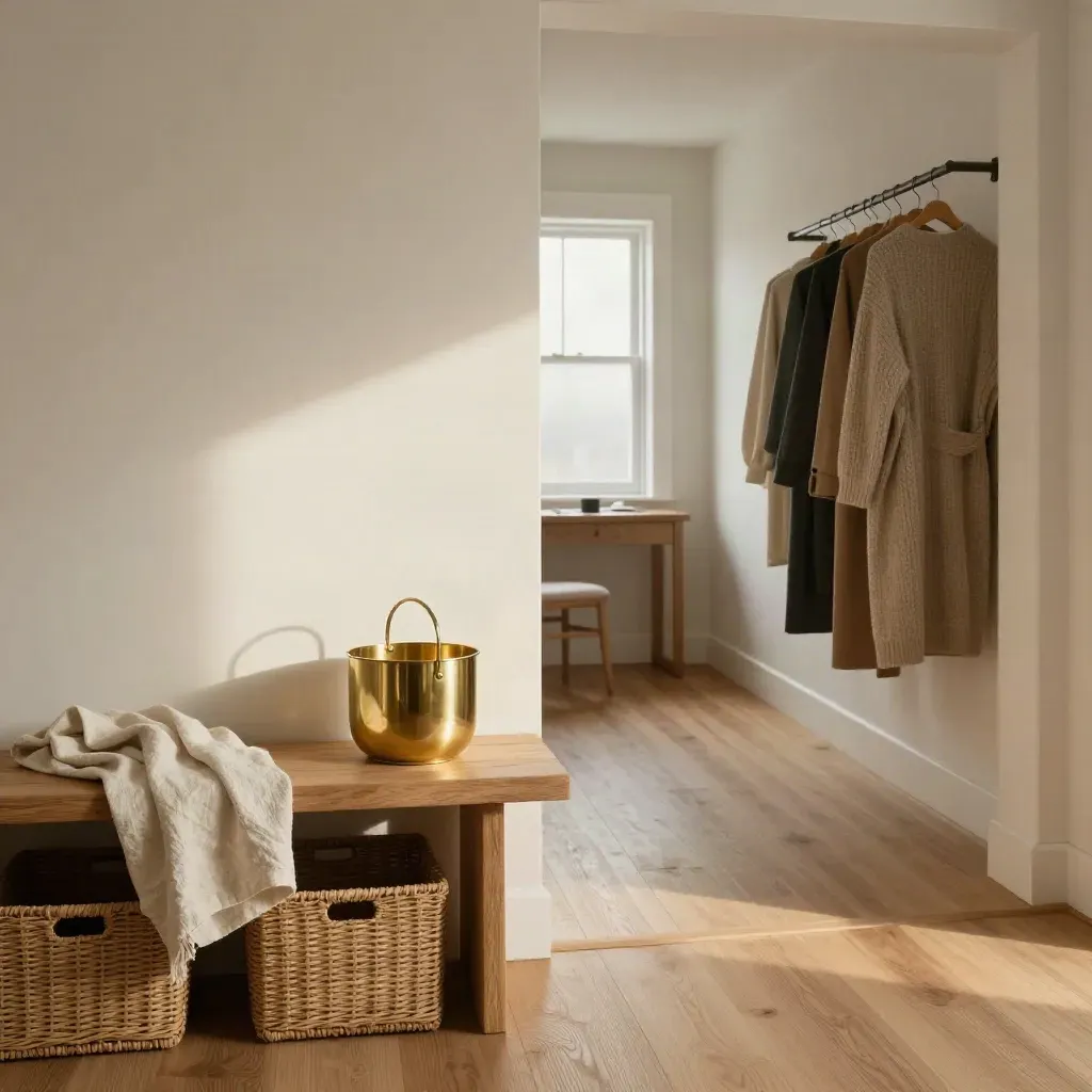 Townhouse reset scene with oak bench, linen throws, wardrobe rail, and brass catchall in morning light
