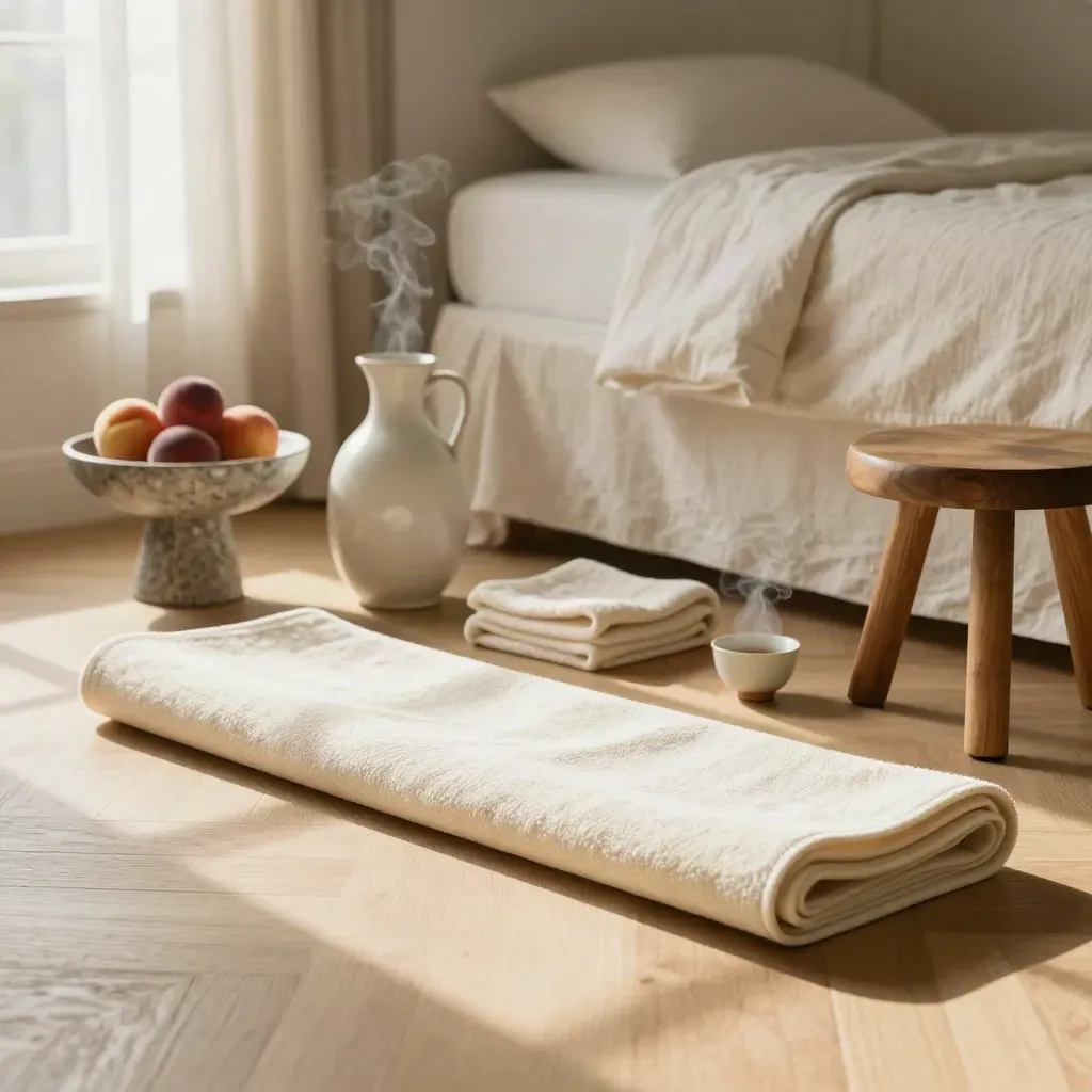 Wellness corner by a bed with mat, steaming tea, fruit bowl, towel, and carafe in morning light.