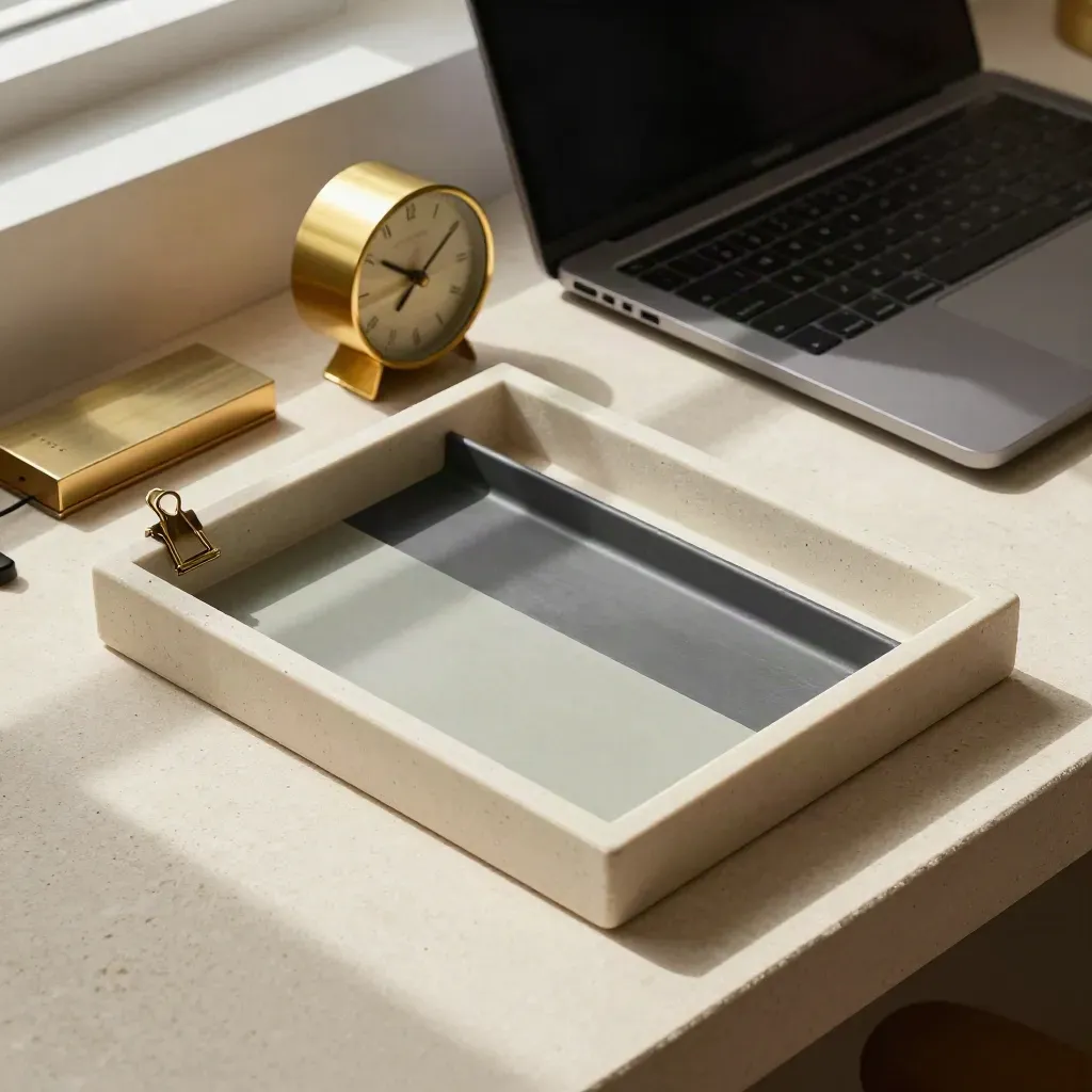 Overhead home office productivity setup with trays, laptop, clock and charger on stone.