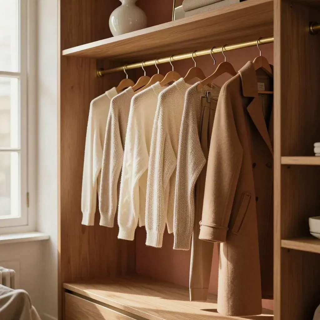 Styled closet corner with neutral garments, pale wood hangers, vase and mirror in warm window light.