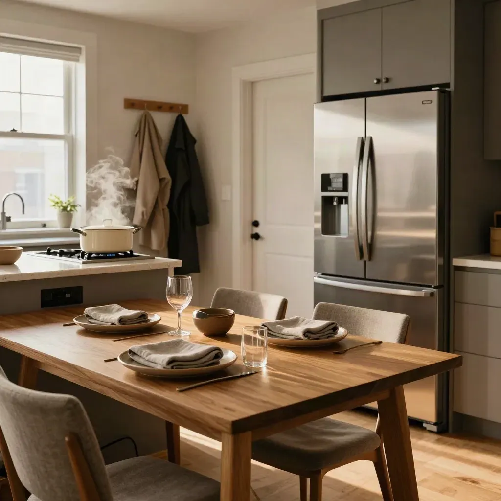 Toronto condo kitchen at dinner time with two place settings, simmering pot, and neatly hung coats.