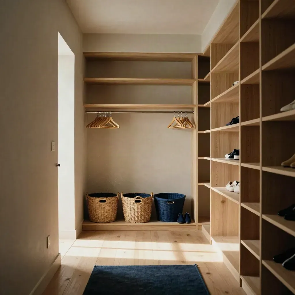 Decluttered open closet with woven baskets, lined shoes, empty shelves and sunlit hallway