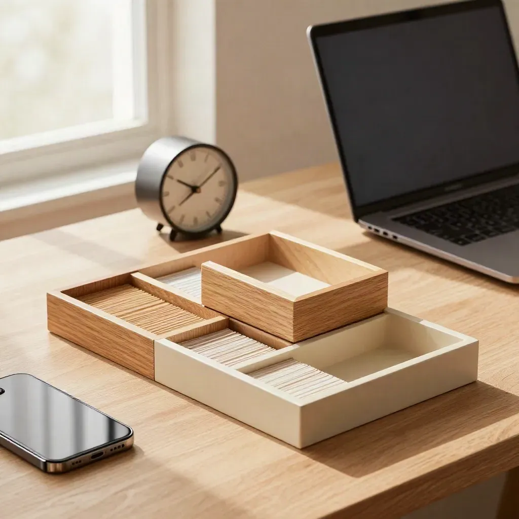 Closed laptop, sorted trays, clock and phone dock on a calm oak desk