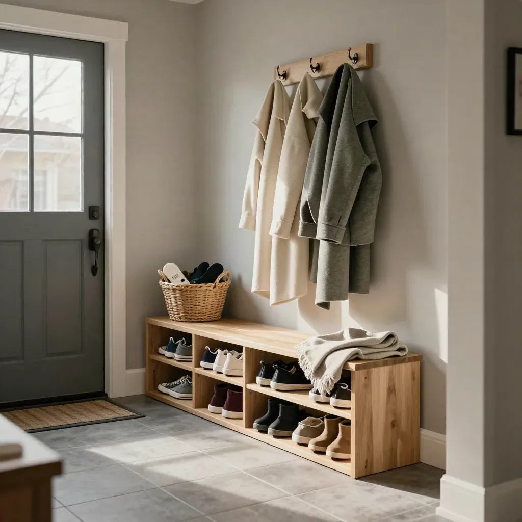 Organized family entryway with shoe cubbies, coat rail, hooks, and woven mittens basket.