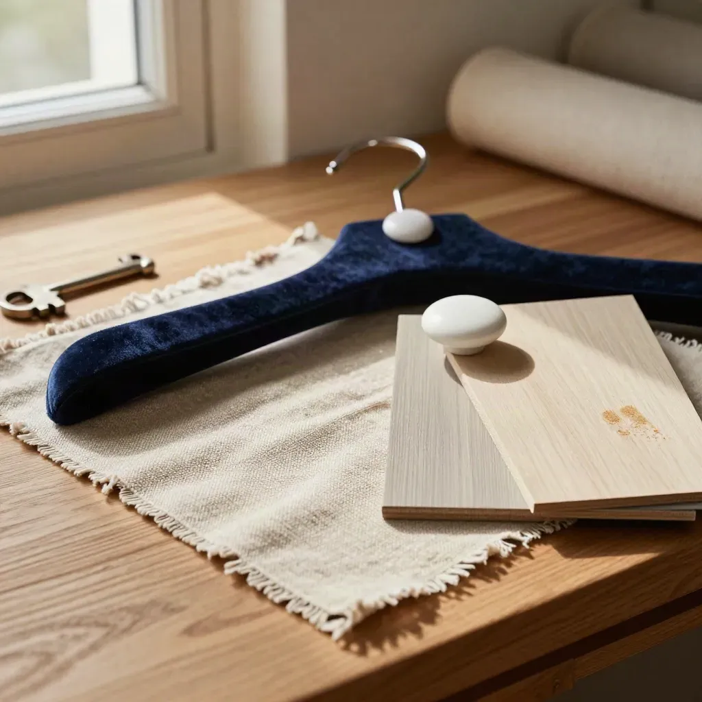 Linen swatches, velvet hanger, ceramic knob and pale wood samples on an oak bench.