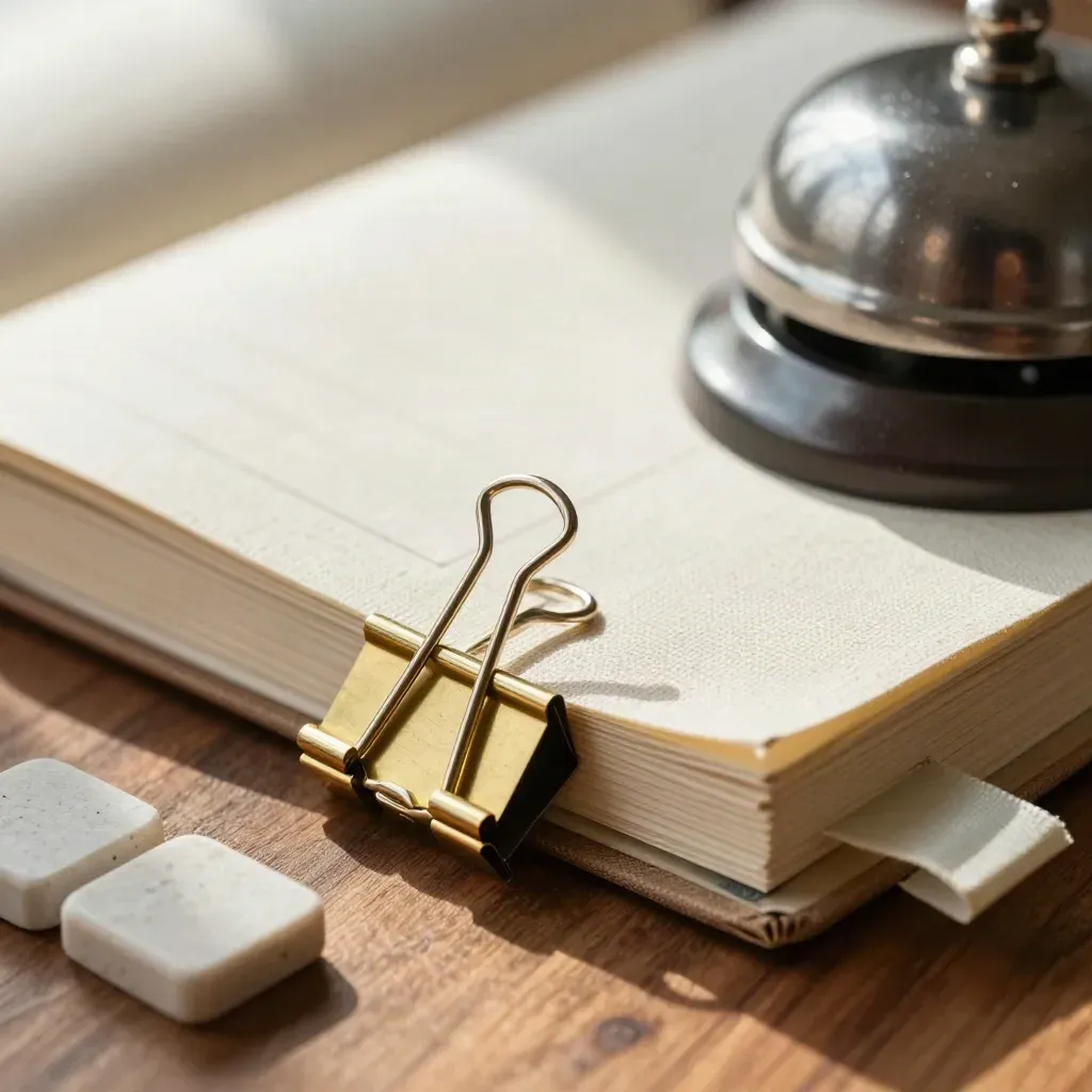 Macro still life of planning tools on walnut with brass, linen, stone and sage accents.