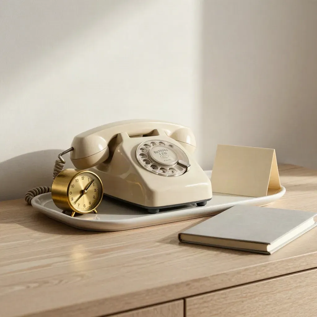 Cream rotary handset, brass timer and closed notebook on pale wood in soft side light