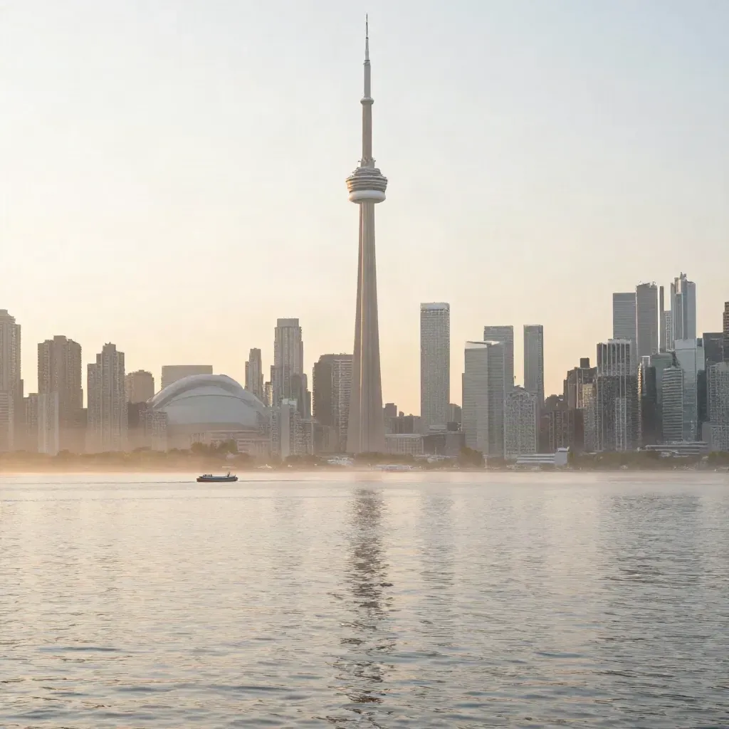 Toronto skyline and CN Tower above calm Lake Ontario at sunrise