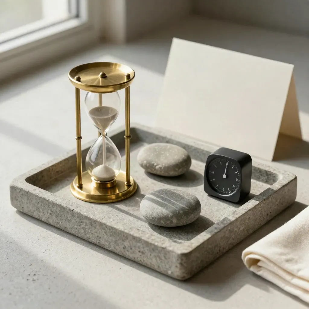 Brass hourglass, review stones, and timer in a stone tray with soft light