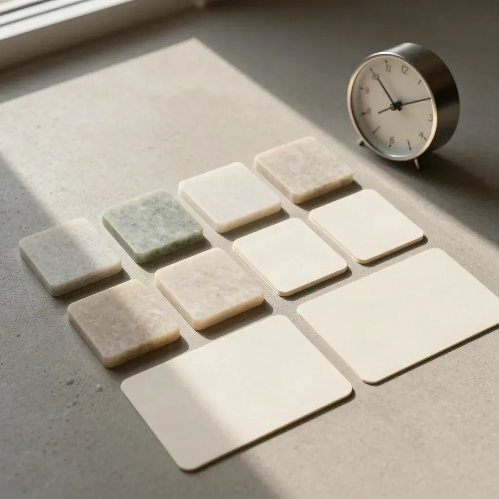 Overhead flatlay of stone tokens, a small clock, and folded cards on concrete.