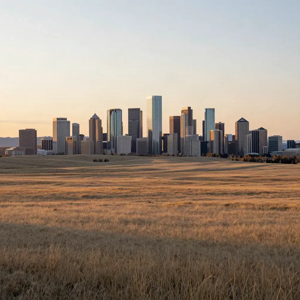 Calgary skyline above Alberta prairie at golden hour with hazy foothills and open copy space
