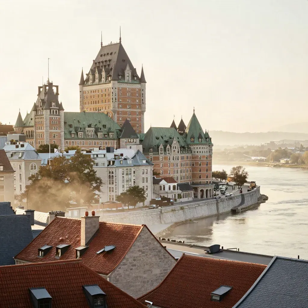 Old Quebec and Château Frontenac above a misty St. Lawrence river at sunrise