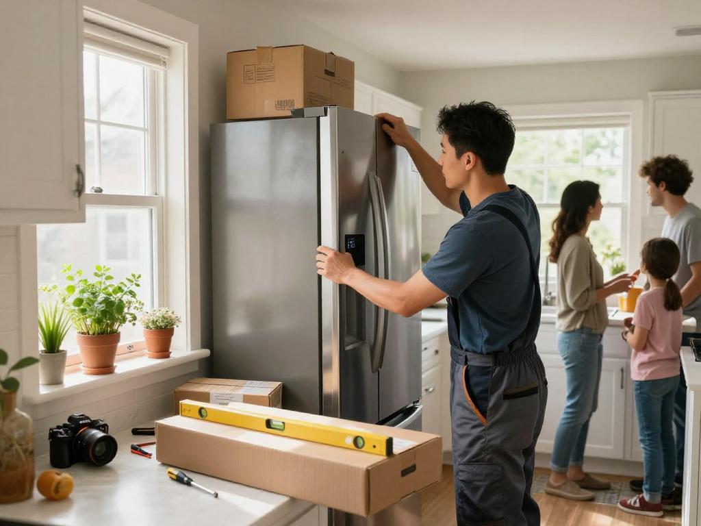 Appliance Installation in Richmond Hill with technician setting up a refrigerator in a cozy kitchen.