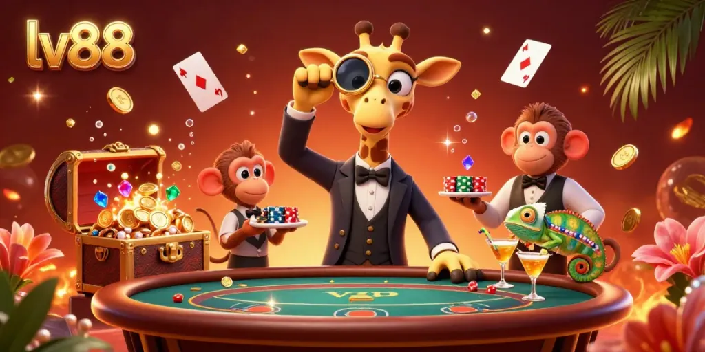 Experience thrilling gaming at lv88 with a high-roller giraffe, monkey valet, and chameleon bartender in action.