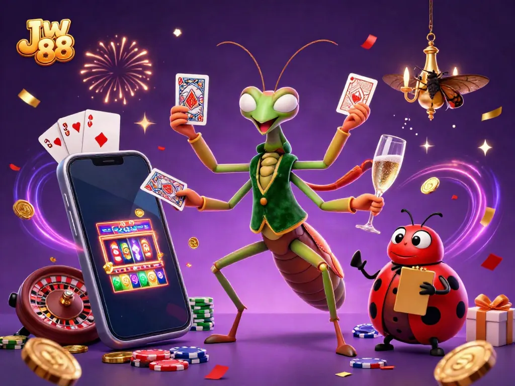 Engage with Jw 88's lively casino atmosphere, featuring playful characters amidst celebrating confetti and vibrant game elements.