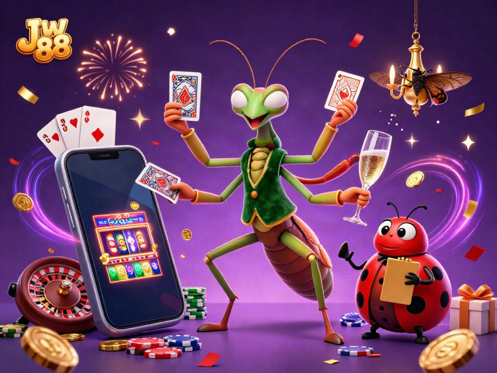 Engage with Jw 88's lively casino atmosphere, featuring playful characters amidst celebrating confetti and vibrant game elements.