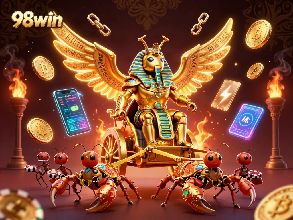 Engage with 98win's dynamic casino experience featuring a colossal scarab, crypto coins, and vibrant game elements.