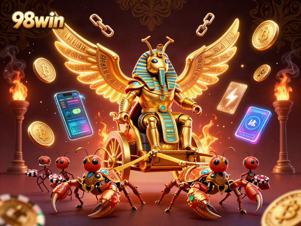 Engage with 98win's dynamic casino experience featuring a colossal scarab, crypto coins, and vibrant game elements.
