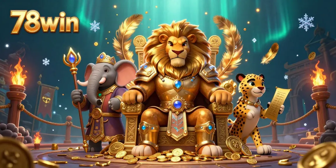 Experience thrilling gameplay at 78win with a majestic lion king and dynamic casino elements.