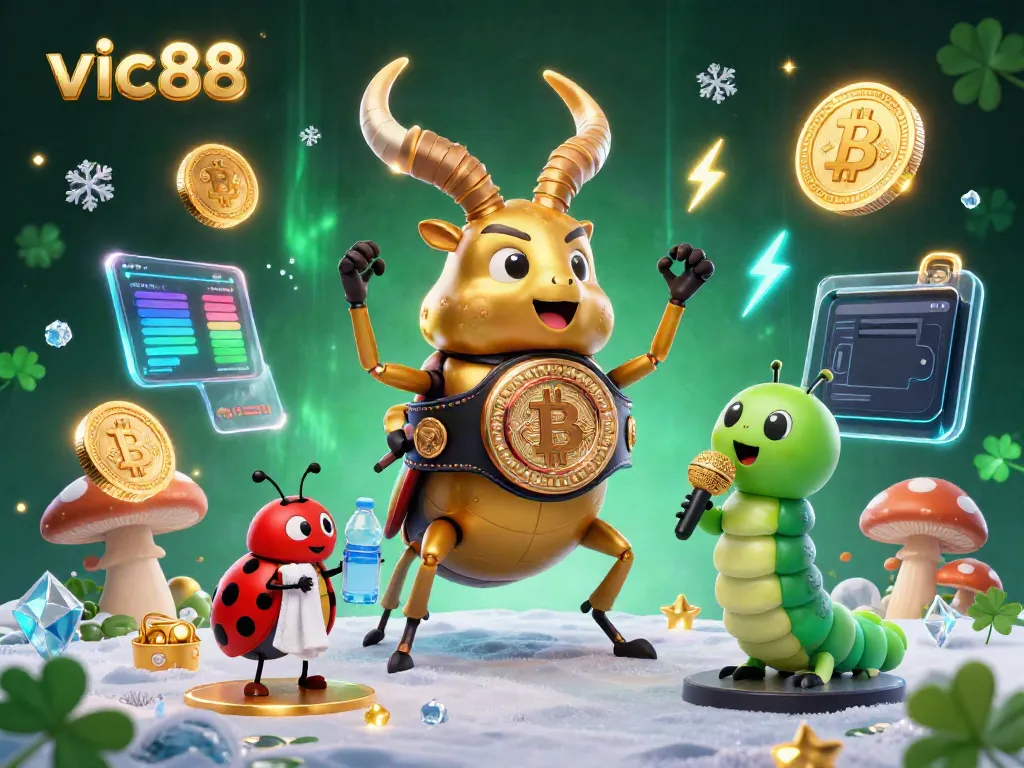 Engage with vic88 in a vibrant 3D casino illustration featuring a golden stag beetle champion and crypto elements.