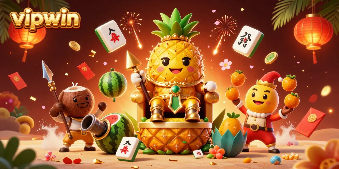 Experience thrilling gameplay at vipwin with a vibrant casino scene featuring a golden pineapple king and playful characters.