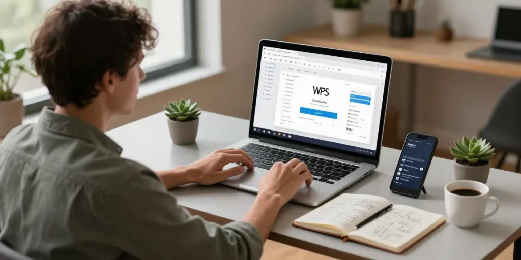 Professional workspace featuring a laptop with WPS Download interface and productivity tools in a modern home office.