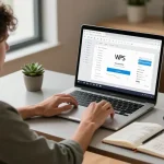 Professional workspace featuring a laptop with WPS Download interface and productivity tools in a modern home office.