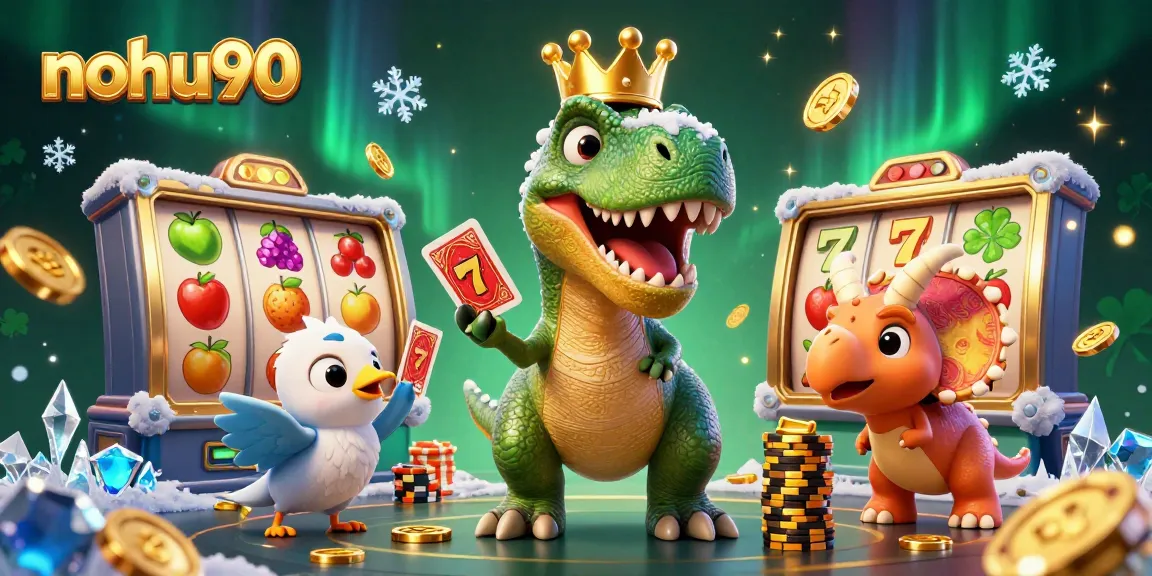 Experience thrilling jackpots in nohu90 with 3D cartoon dinosaurs shuffling cards and stacking chips.