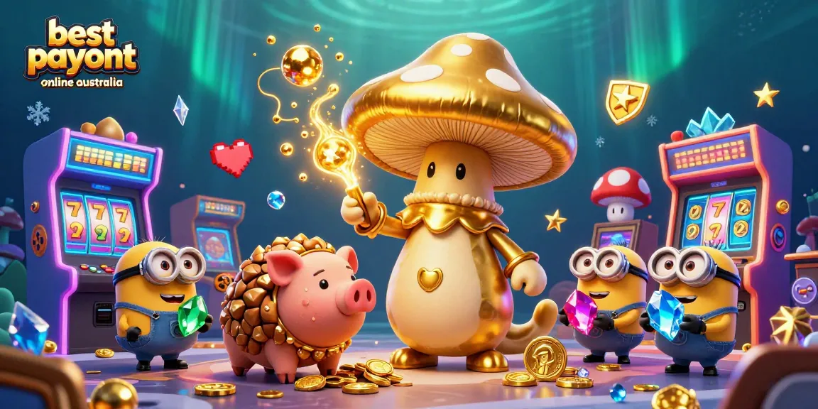 Experience the magic of the best payout casino online Australia with a golden mushroom wizard, treasure, and gaming elements.