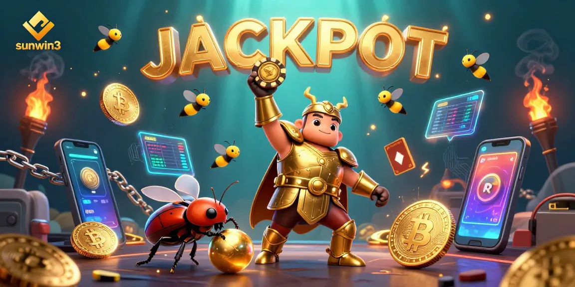 Experience the excitement of sunwin3 with a vibrant illustration of victory, poker chips, and casino elements.