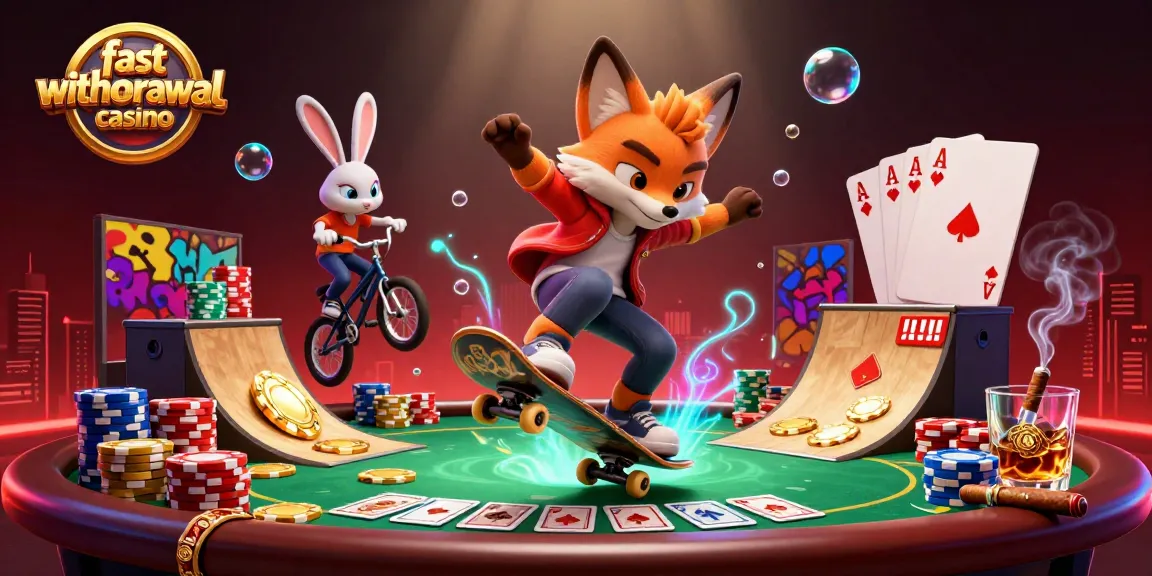 Experience the thrill at a fast withdrawal casino with a skateboarder fox and BMX rabbit over poker chips.