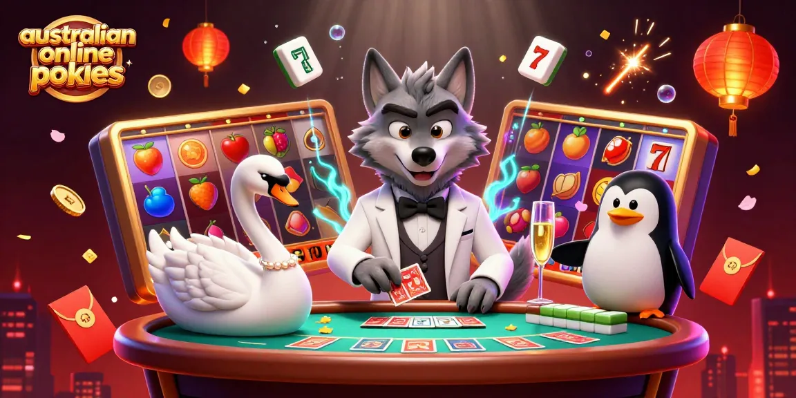 Engage with australian online pokies in a lively scene featuring a debonair wolf, elegant swan, and sophisticated penguin.